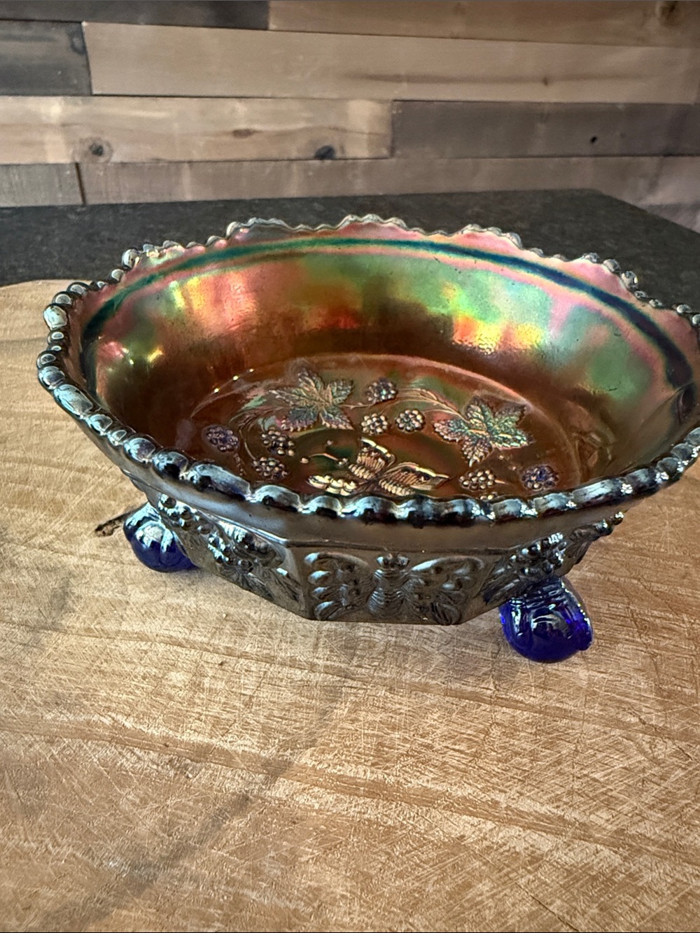 Iridescent Carnival Glass Footed Bowl - Blue Accents